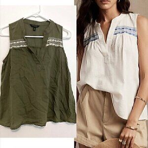 BANANA REPUBLIC Factory Embroidered Top Olive Green White Sleeveless Boho Cotton